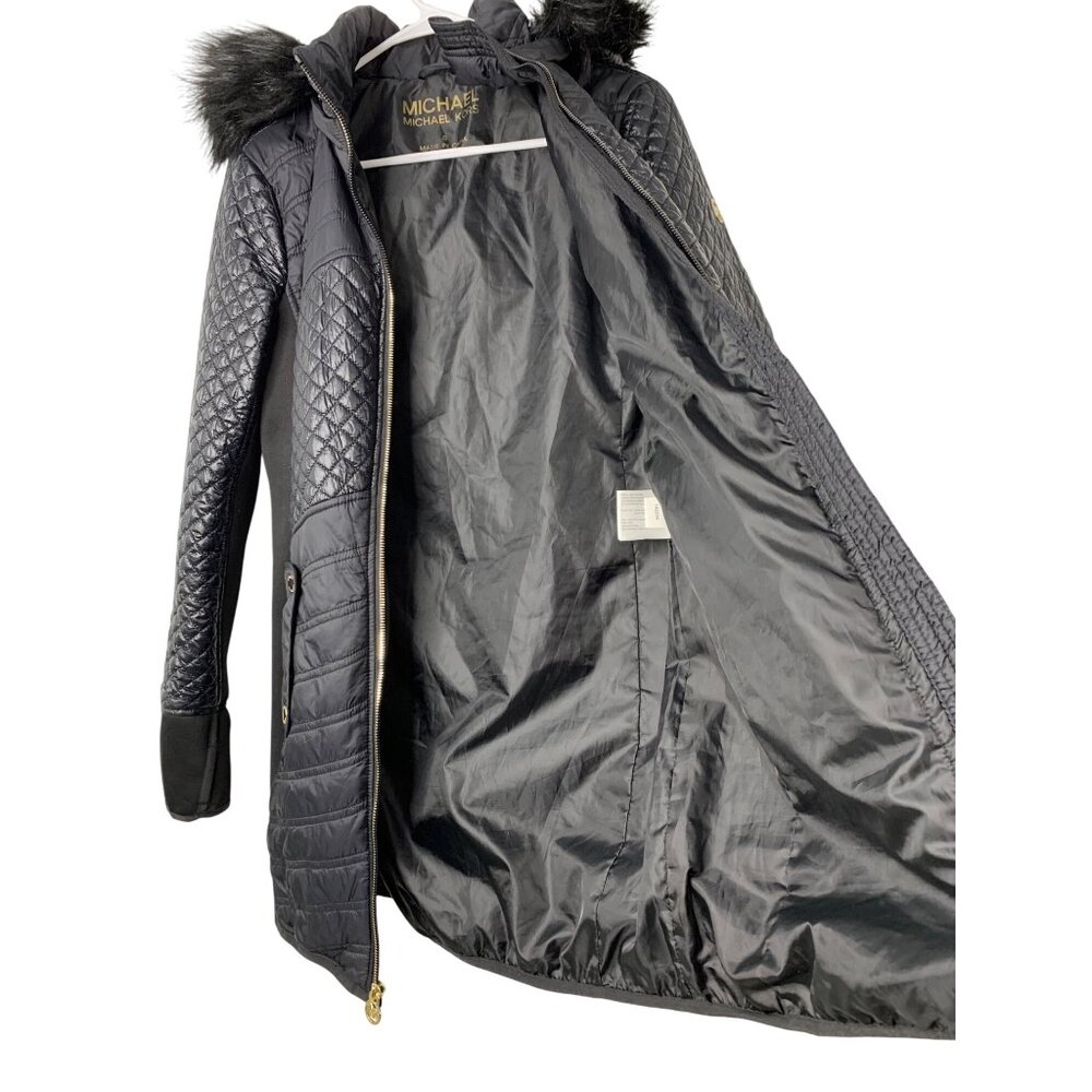 Michael Kors Quilted Knit Panel Puffer Faux Fur Hood Coat S Black RF10476 EUC - Picture 7 of 12